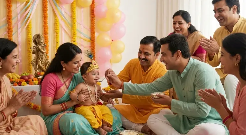 Annaprashan baby rice ceremony Bangalore - Hindi Pandit performing Namkaran puja with Bal Gopal blessings